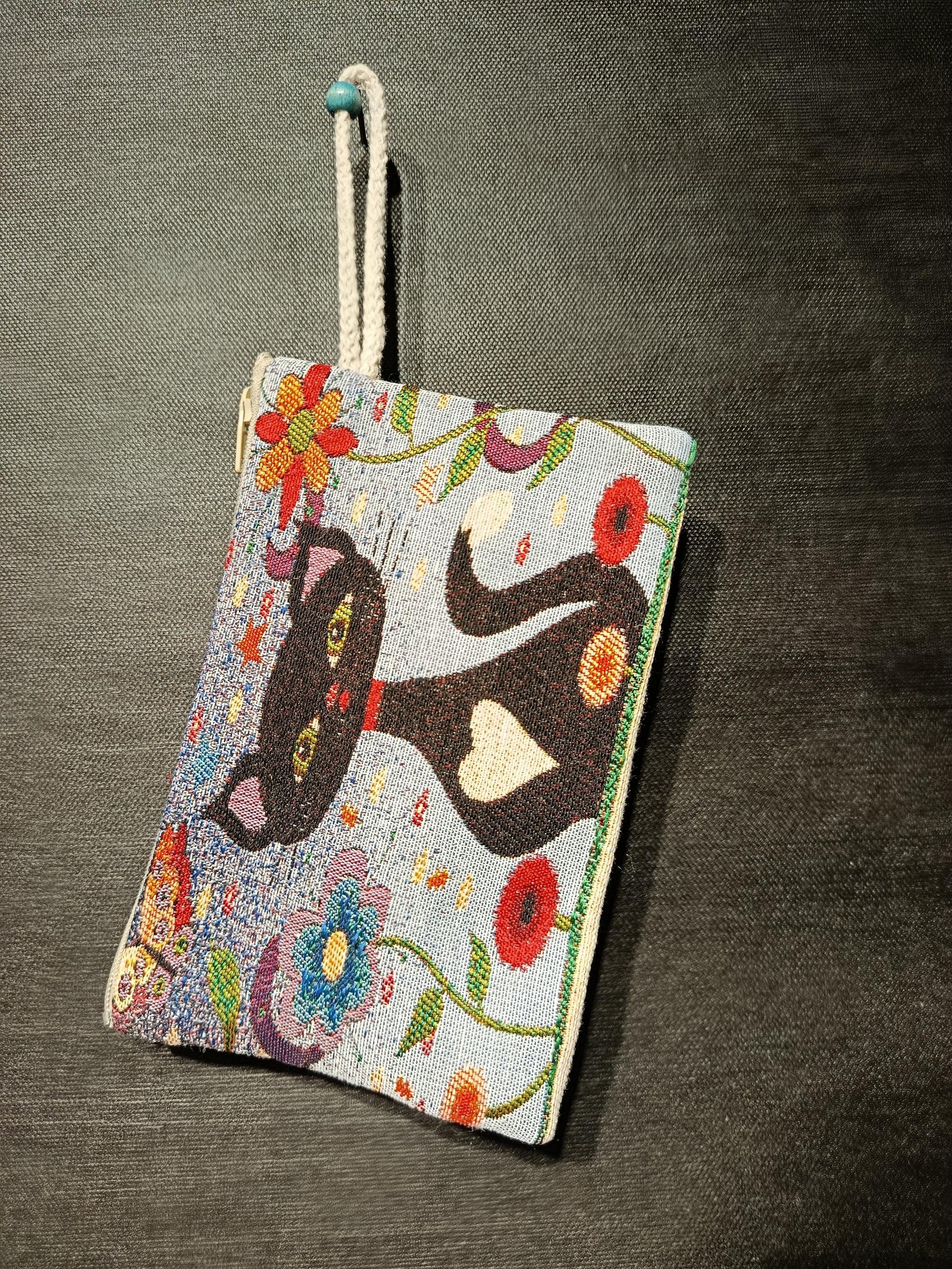 Handmade Gobelin Cat Purse – Colorful Black Cat Clutch with Heart Motif and Floral Design