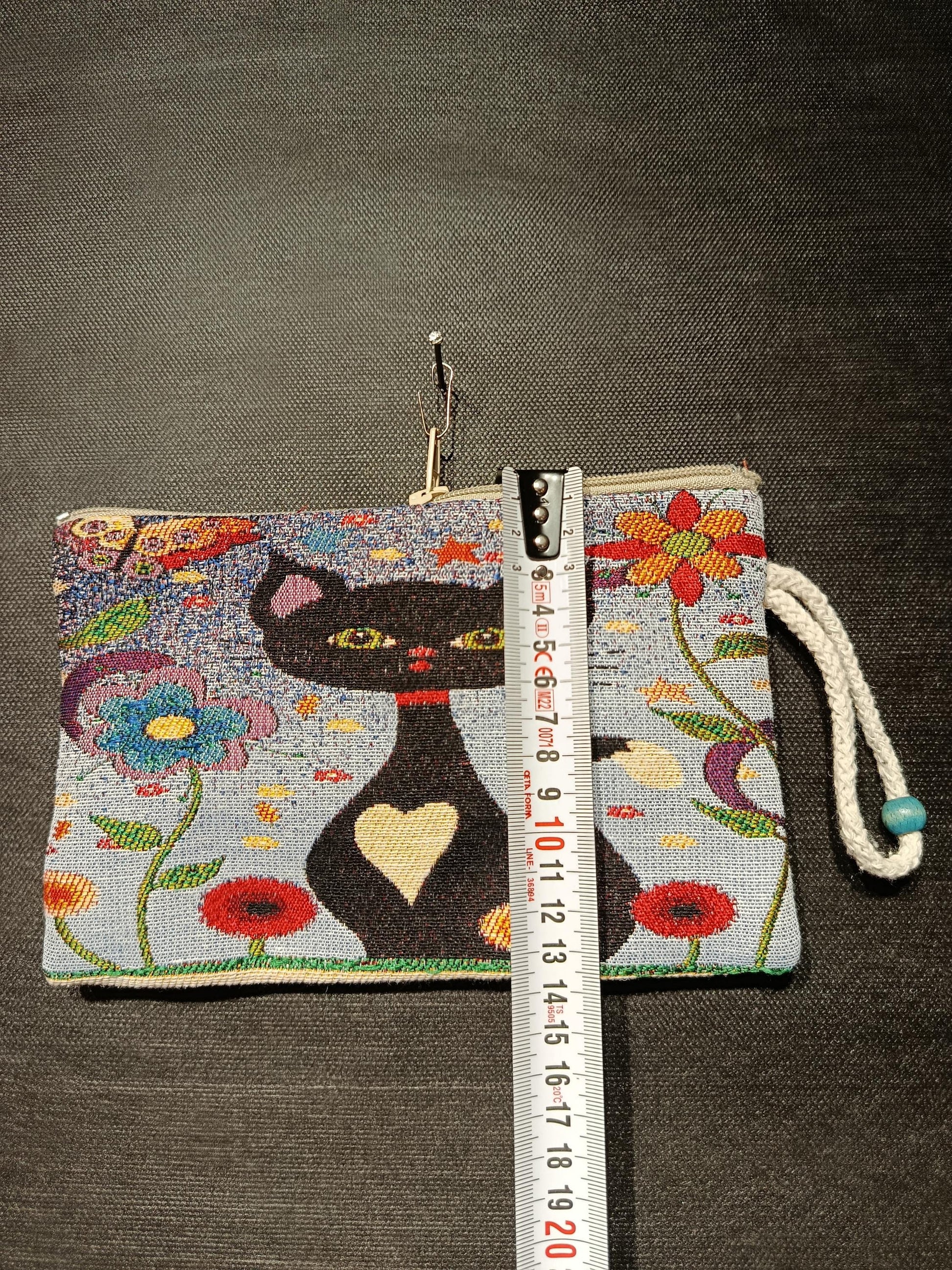 Handmade Gobelin Cat Purse – Colorful Black Cat Clutch with Heart Motif and Floral Design