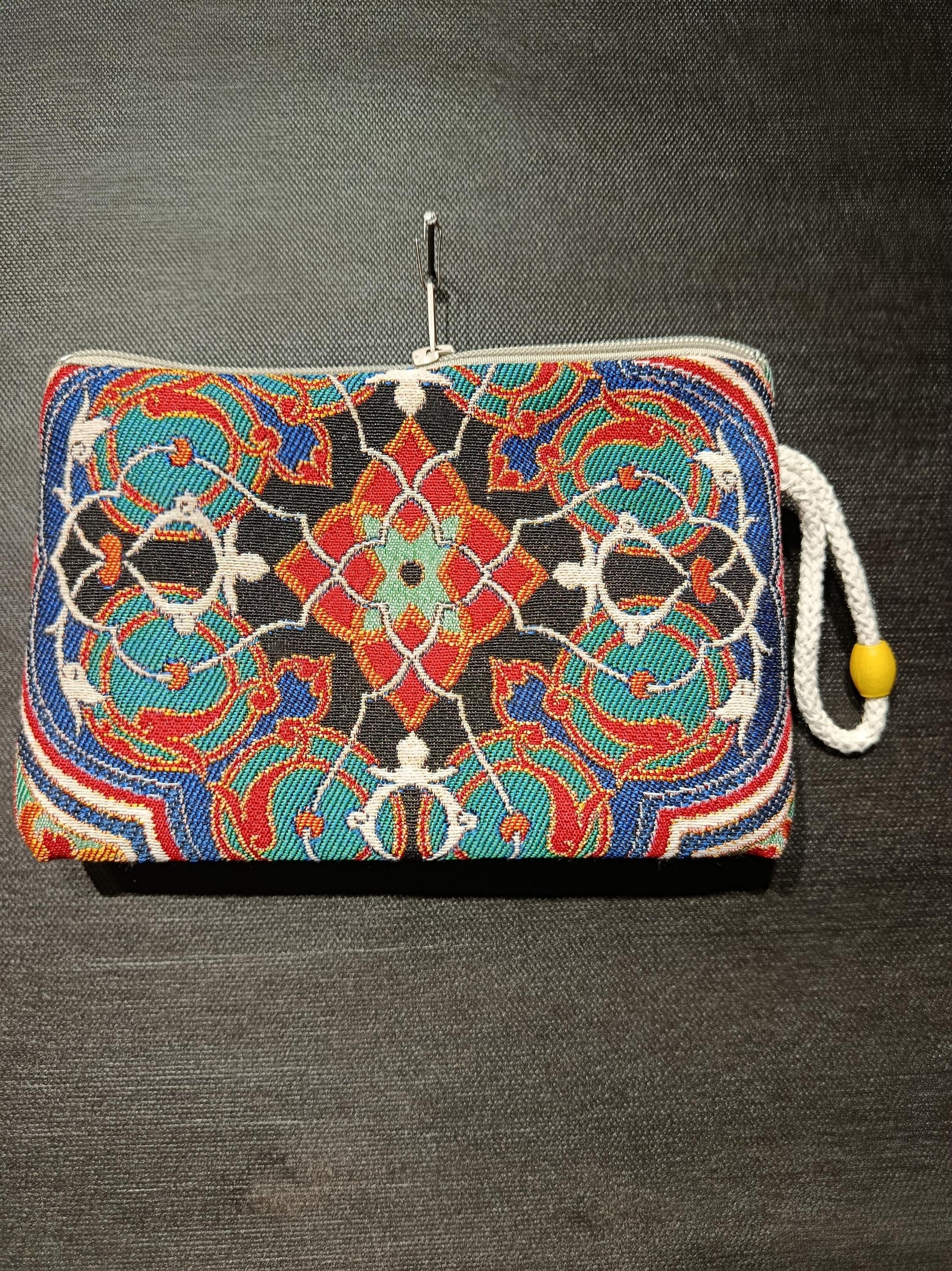 Ottoman Tile Gobelin Purse – Handmade Ethnic Clutch with Black, Red, and Turquoise Floral Pattern