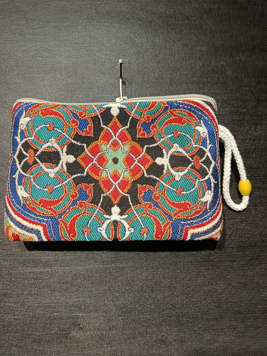 Ottoman Tile Gobelin Purse – Handmade Ethnic Clutch with Black, Red, and Turquoise Floral Pattern
