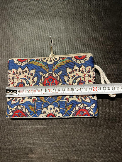 Handmade Gobelin Zipper Pouch – Traditional Turkish Floral Pattern in Blue & Red – Small Clutch Wristlet
