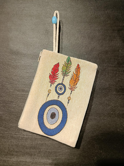 Evil Eye Feather Gobelin Purse – Handmade Boho Clutch with Colorful Feathers – Protection Talisman Pouch