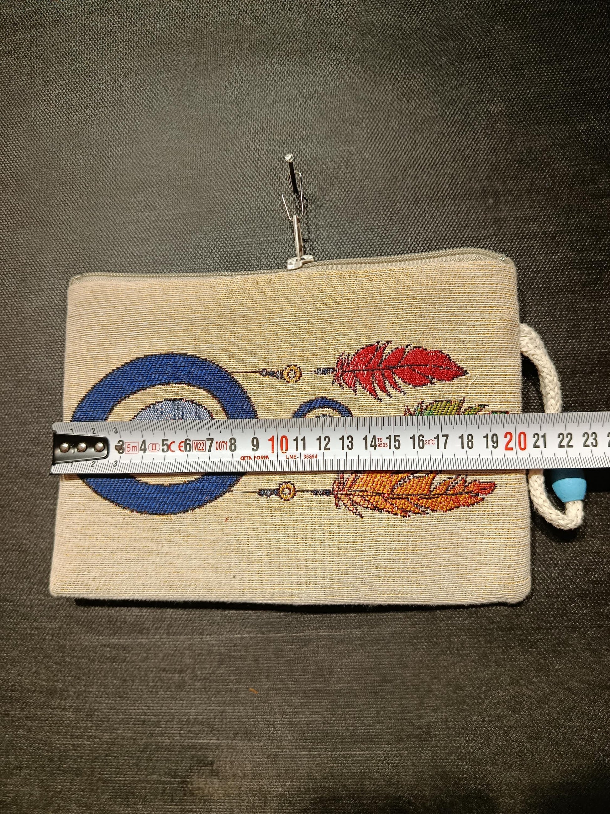 Evil Eye Feather Gobelin Purse – Handmade Boho Clutch with Colorful Feathers – Protection Talisman Pouch