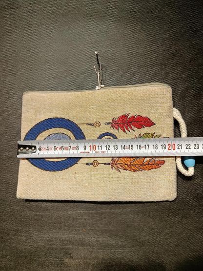 Evil Eye Feather Gobelin Purse – Handmade Boho Clutch with Colorful Feathers – Protection Talisman Pouch