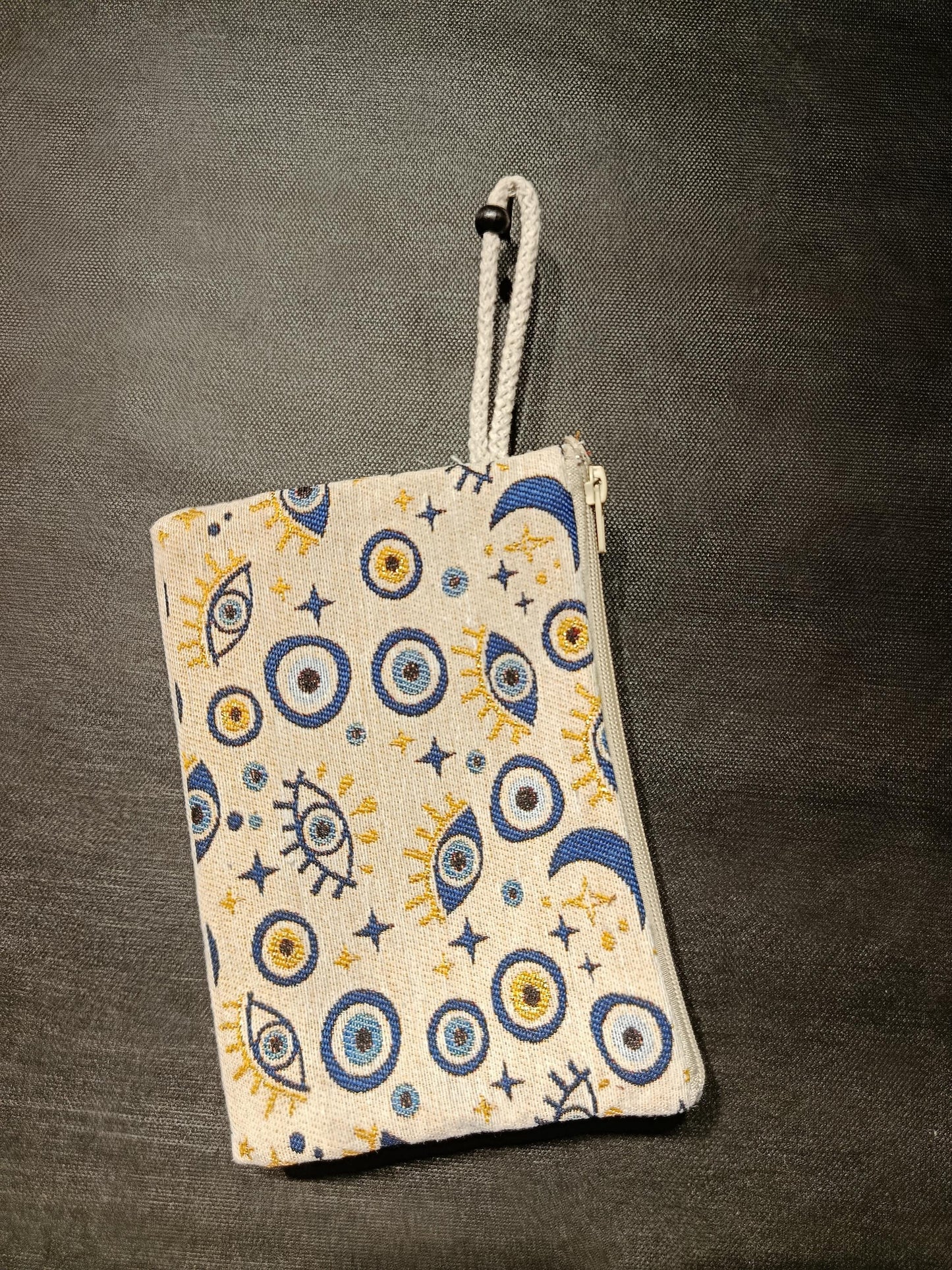 Handmade Gobelin Evil Eye Wristlet – Moon & Stars Celestial Clutch – Turkish Tapestry Zipper Pouch