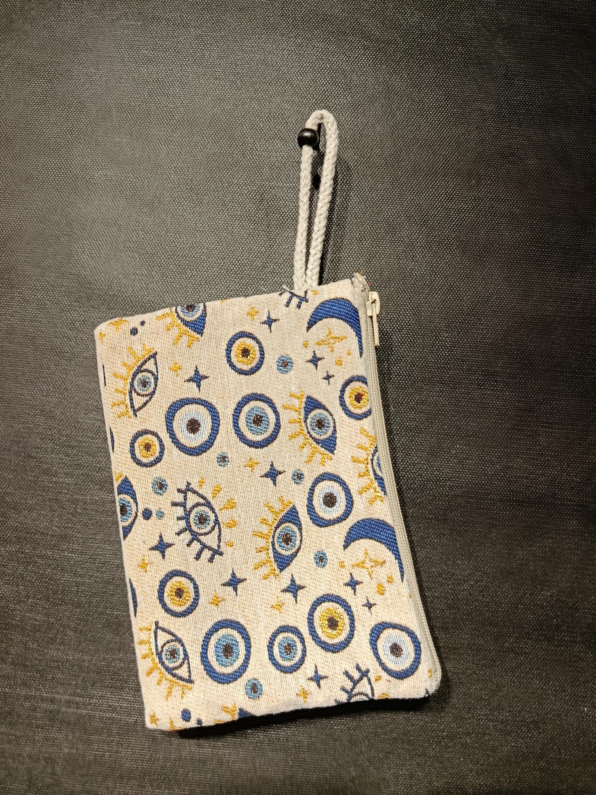 Handmade Gobelin Evil Eye Wristlet – Moon & Stars Celestial Clutch – Turkish Tapestry Zipper Pouch