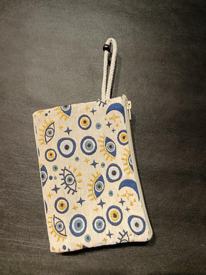 Handmade Gobelin Evil Eye Wristlet – Moon & Stars Celestial Clutch – Turkish Tapestry Zipper Pouch