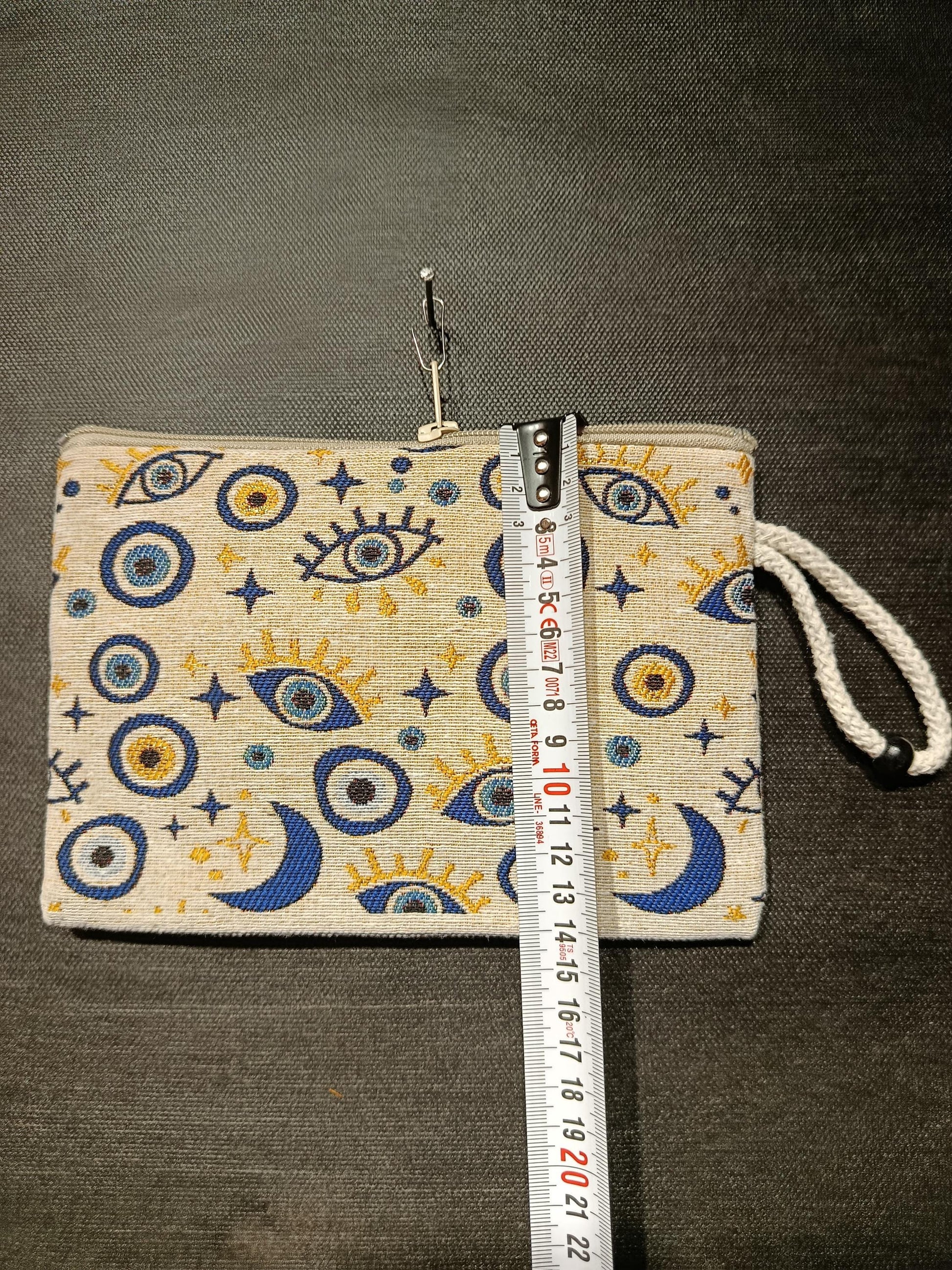 Handmade Gobelin Evil Eye Wristlet – Moon & Stars Celestial Clutch – Turkish Tapestry Zipper Pouch