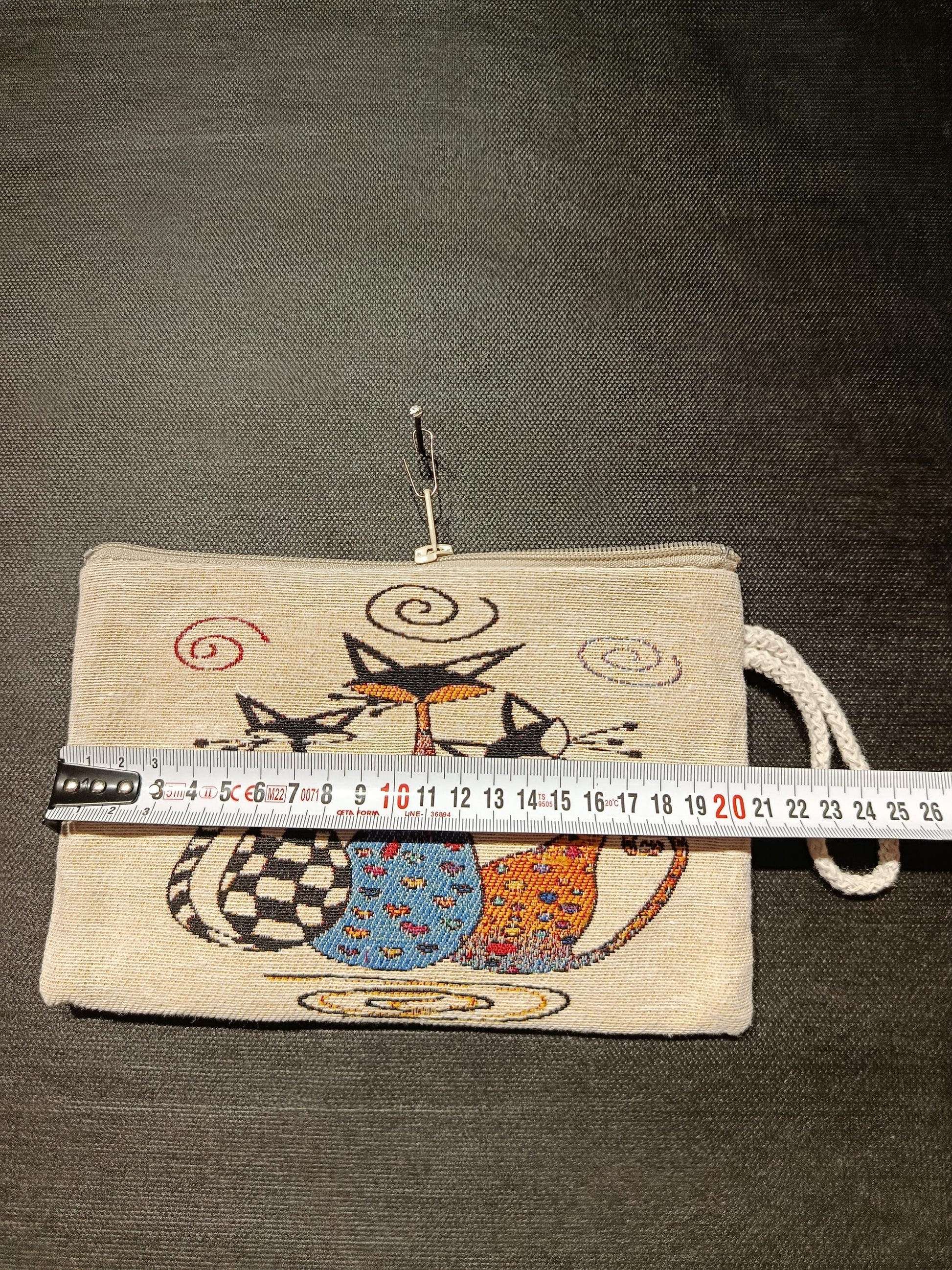 Whimsical Gobelin Cat Pouch – Handmade Abstract Cat Trio Clutch with Zipper and Wrist Strap