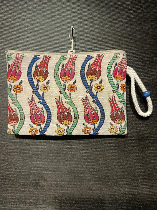 Handmade Gobelin Zipper Tulip Purse – Ottoman Style Floral Wristlet – Turkish Tapestry Mini Clutch Bag