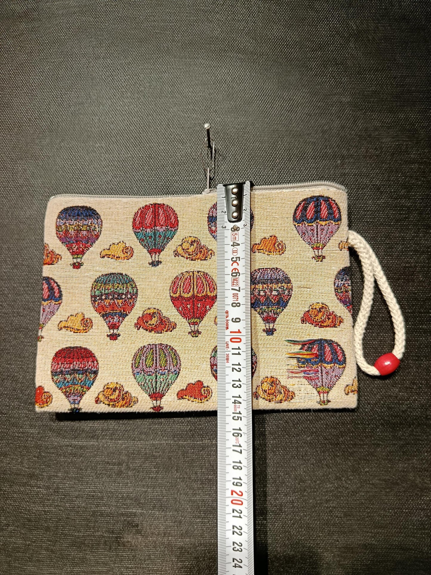 Colorful Hot Air Balloon Tapestry Clutch – Turkish Woven Pouch with Cloud Design