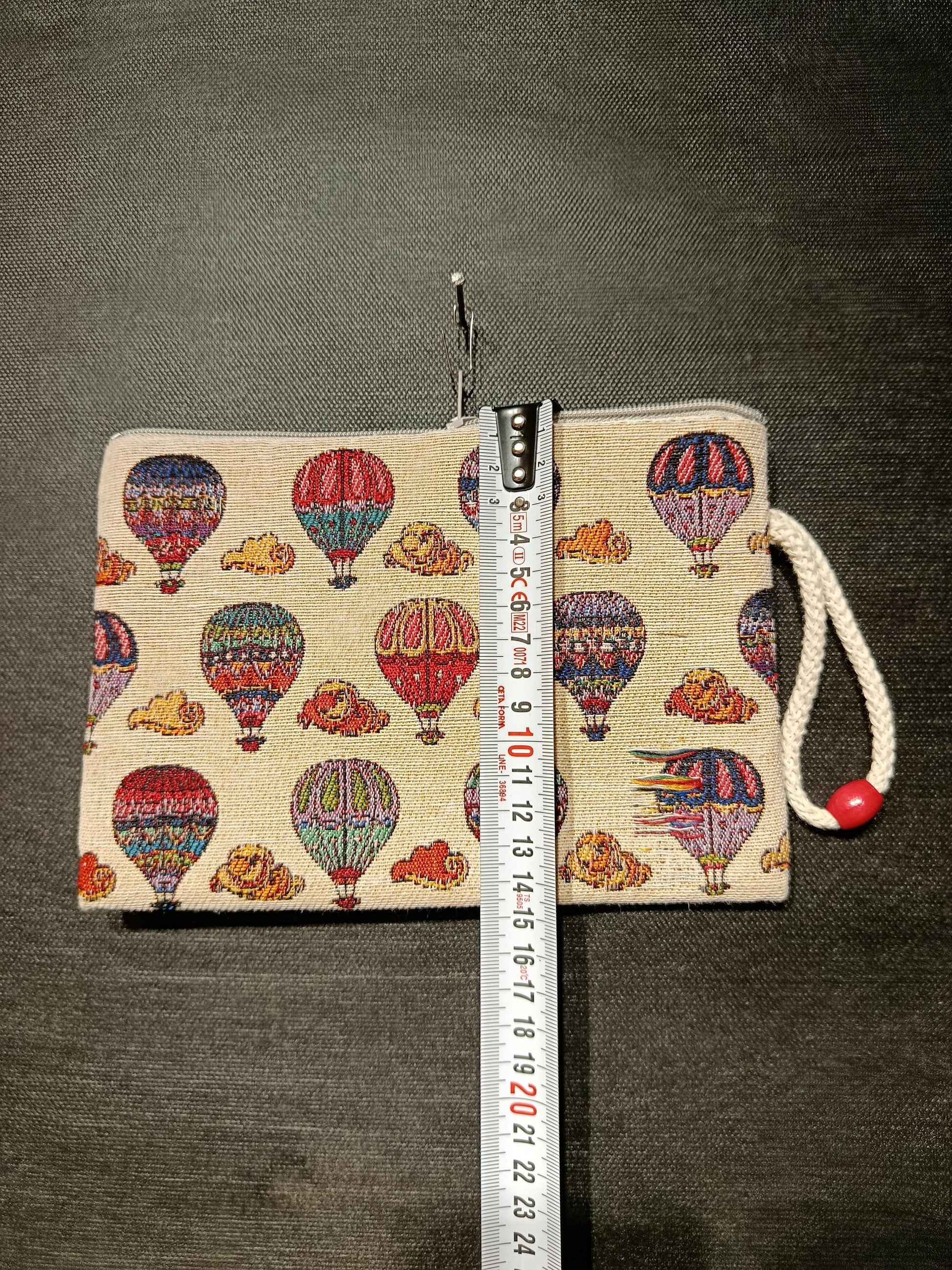 Colorful Hot Air Balloon Tapestry Clutch – Turkish Woven Pouch with Cloud Design