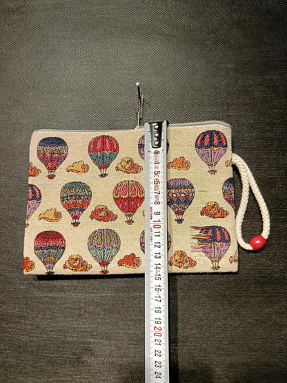 Colorful Hot Air Balloon Tapestry Clutch – Turkish Woven Pouch with Cloud Design