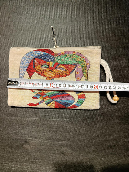 Colorful Jester Cat Gobelin Pouch – Whimsical Turkish Woven Zippered Clutch Bag