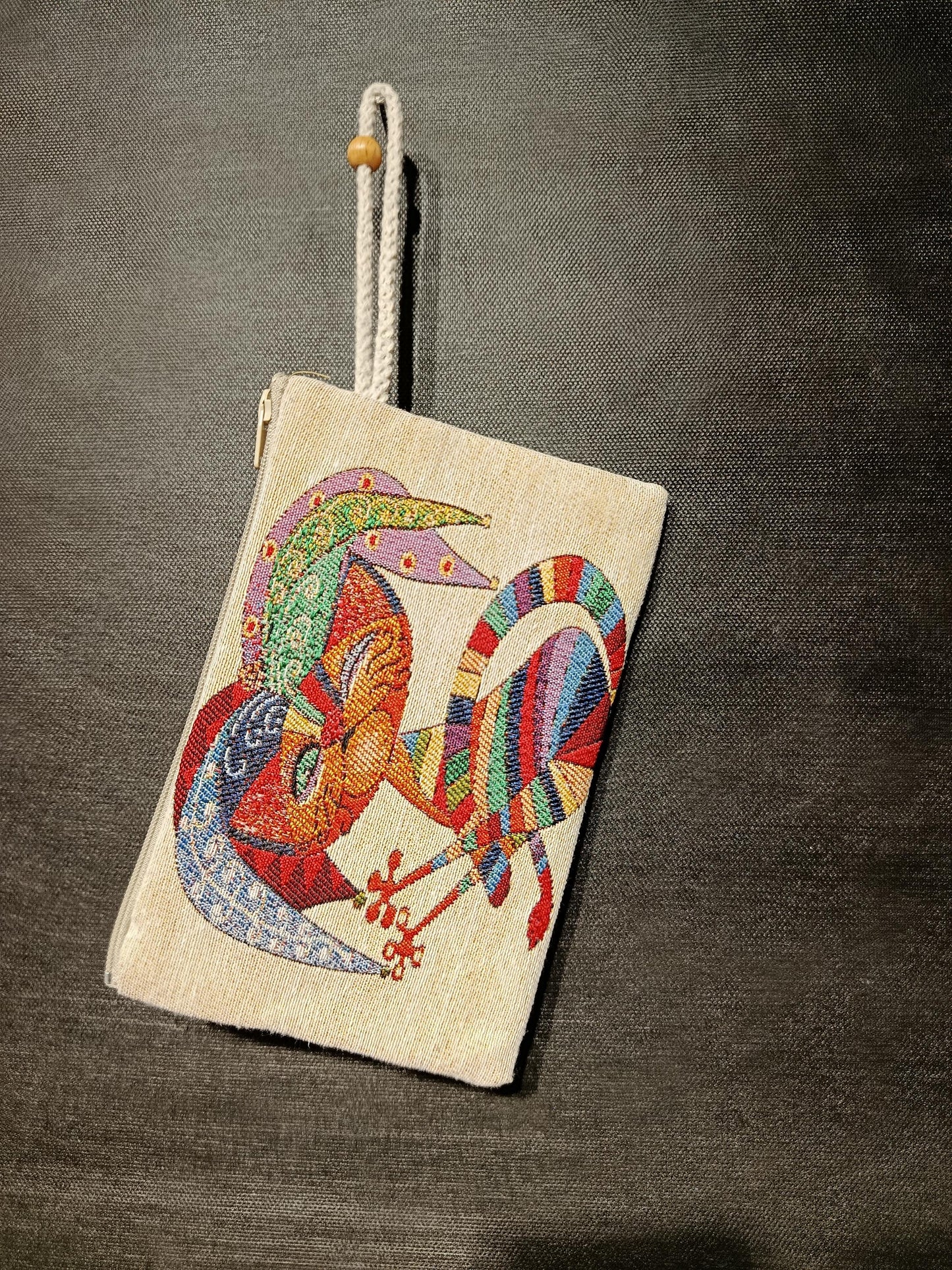 Colorful Jester Cat Gobelin Pouch – Whimsical Turkish Woven Zippered Clutch Bag