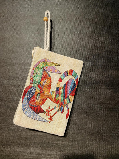 Colorful Jester Cat Gobelin Pouch – Whimsical Turkish Woven Zippered Clutch Bag