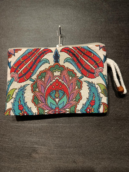 Turkish Tulip Pattern Zipper Pouch – Gobelin Tapestry Clutch Bag, Made in Türkiye
