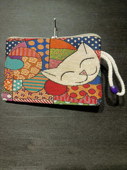 Colorful Patchwork Cat Clutch – Tapestry Zippered Pouch Made in Turkey