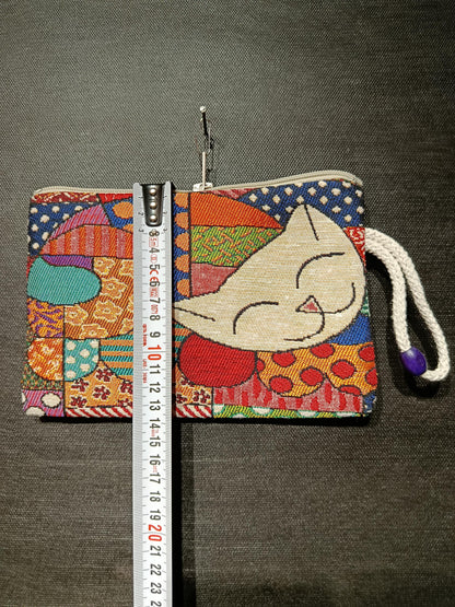 Colorful Patchwork Cat Clutch – Tapestry Zippered Pouch Made in Turkey