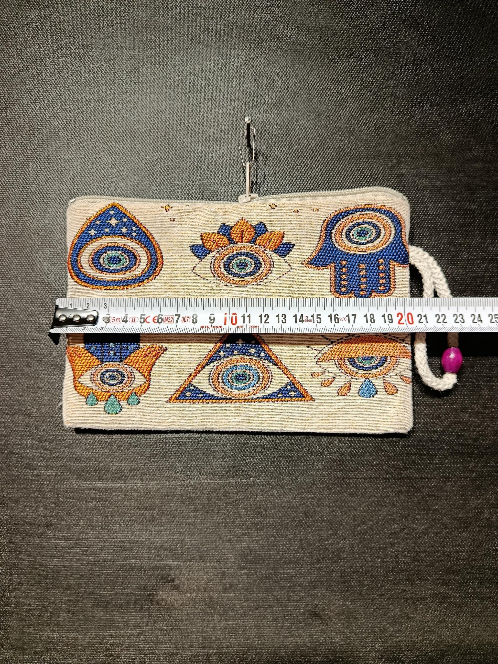 Evil Eye Clutch Bag – Turkish Tapestry Zipper Pouch with Hamsa & Eye Motif