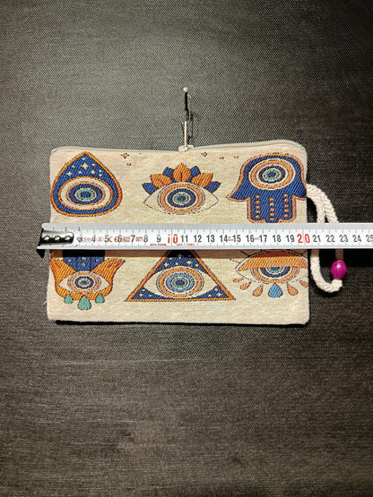 Evil Eye Clutch Bag – Turkish Tapestry Zipper Pouch with Hamsa & Eye Motif