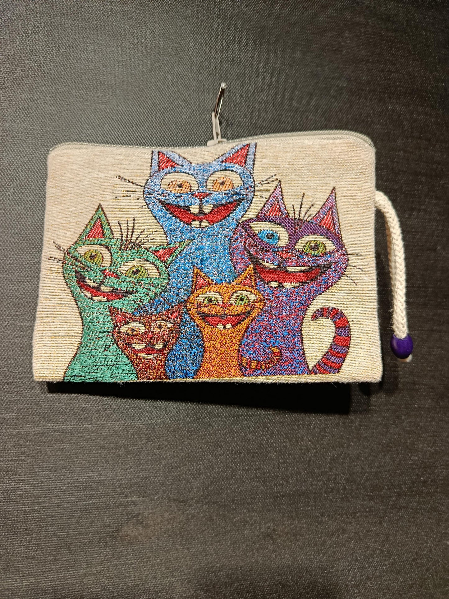 Colorful Cat Tapestry Clutch – Quirky Zip Pouch with Cartoon Cat Print & Wrist Strap
