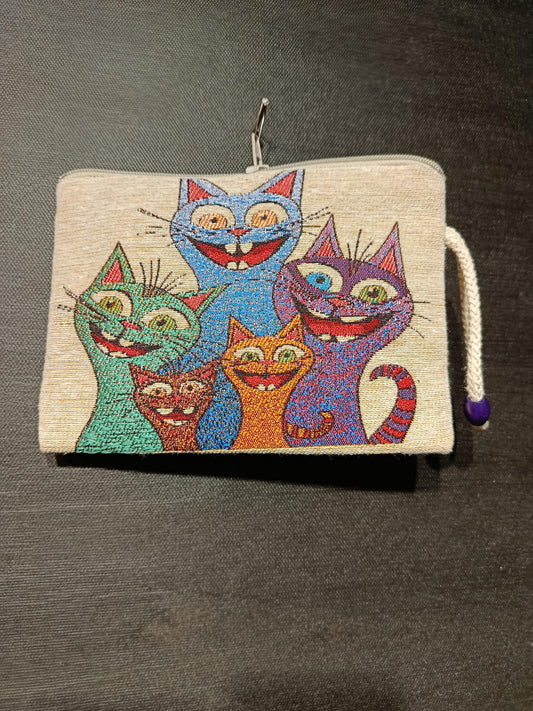 Colorful Cat Tapestry Clutch – Quirky Zip Pouch with Cartoon Cat Print & Wrist Strap