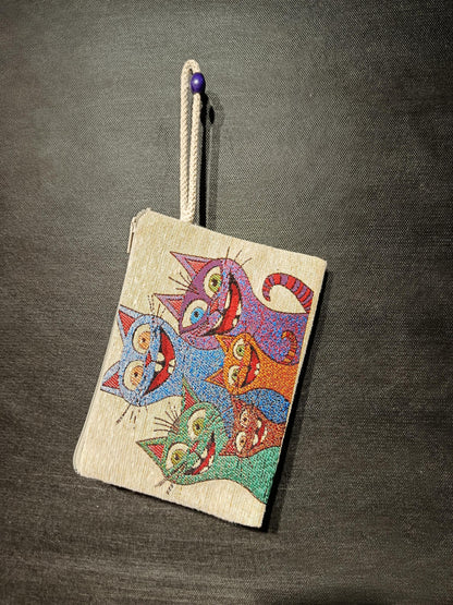 Colorful Cat Tapestry Clutch – Quirky Zip Pouch with Cartoon Cat Print & Wrist Strap