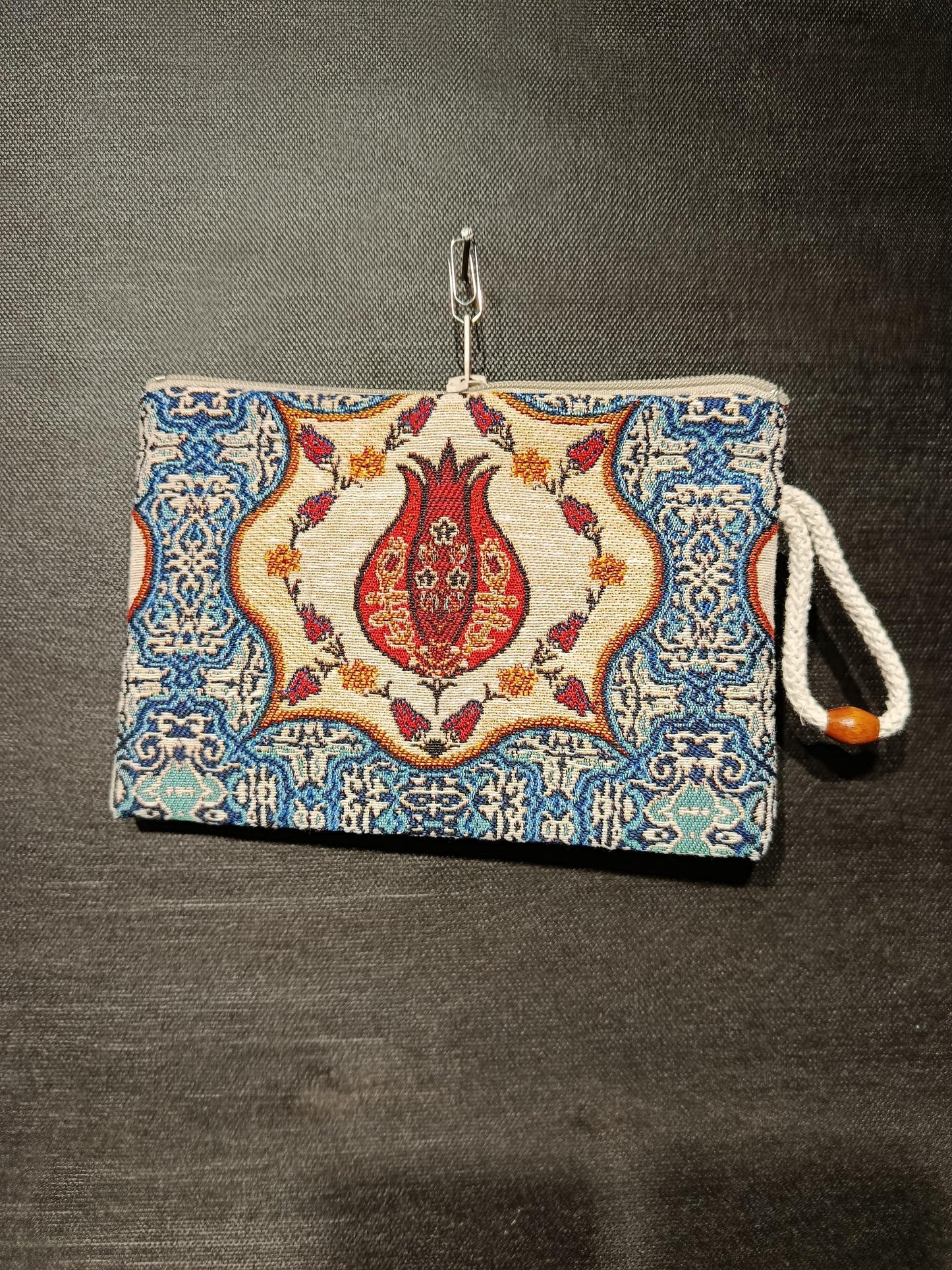 Turkish Gobelin Tapestry Clutch – Pomegranate Motif Zippered Purse with Wrist Strap