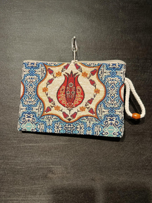 Turkish Gobelin Tapestry Clutch – Pomegranate Motif Zippered Purse with Wrist Strap