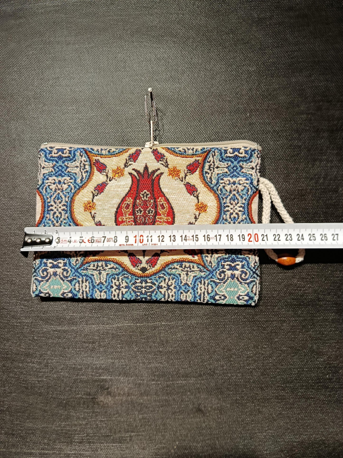 Turkish Gobelin Tapestry Clutch – Pomegranate Motif Zippered Purse with Wrist Strap