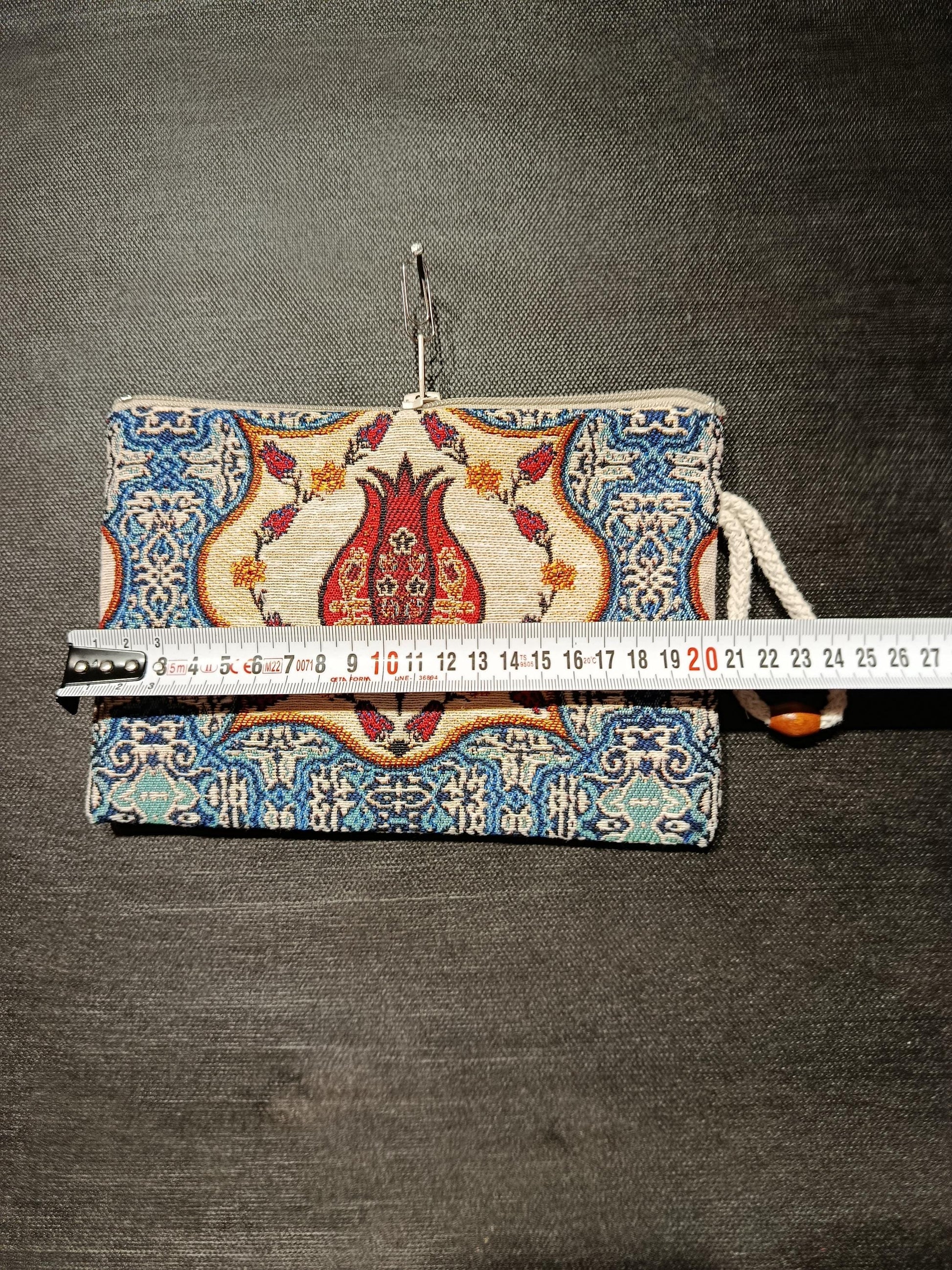 Turkish Gobelin Tapestry Clutch – Pomegranate Motif Zippered Purse with Wrist Strap