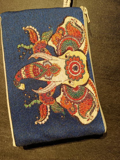Handmade Gobelin Zipper Purse – Blue Elephant Design Tapestry Wristlet – Boho Ethnic Mini Clutch
