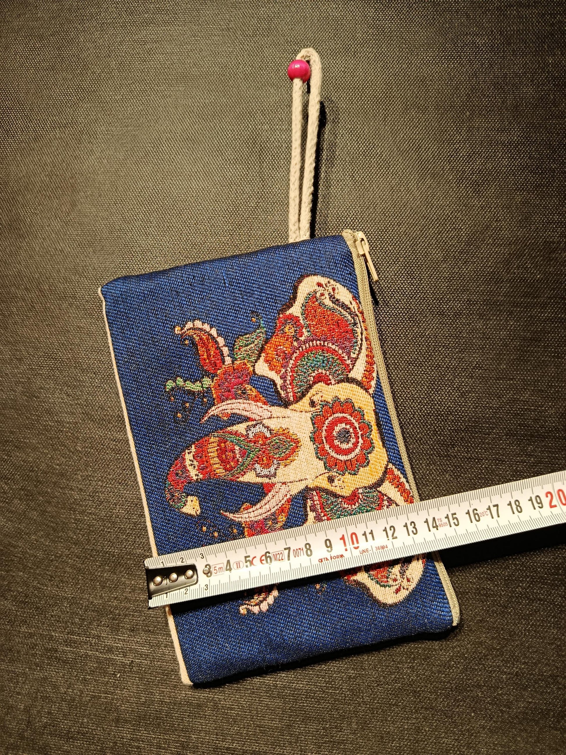 Handmade Gobelin Zipper Purse – Blue Elephant Design Tapestry Wristlet – Boho Ethnic Mini Clutch