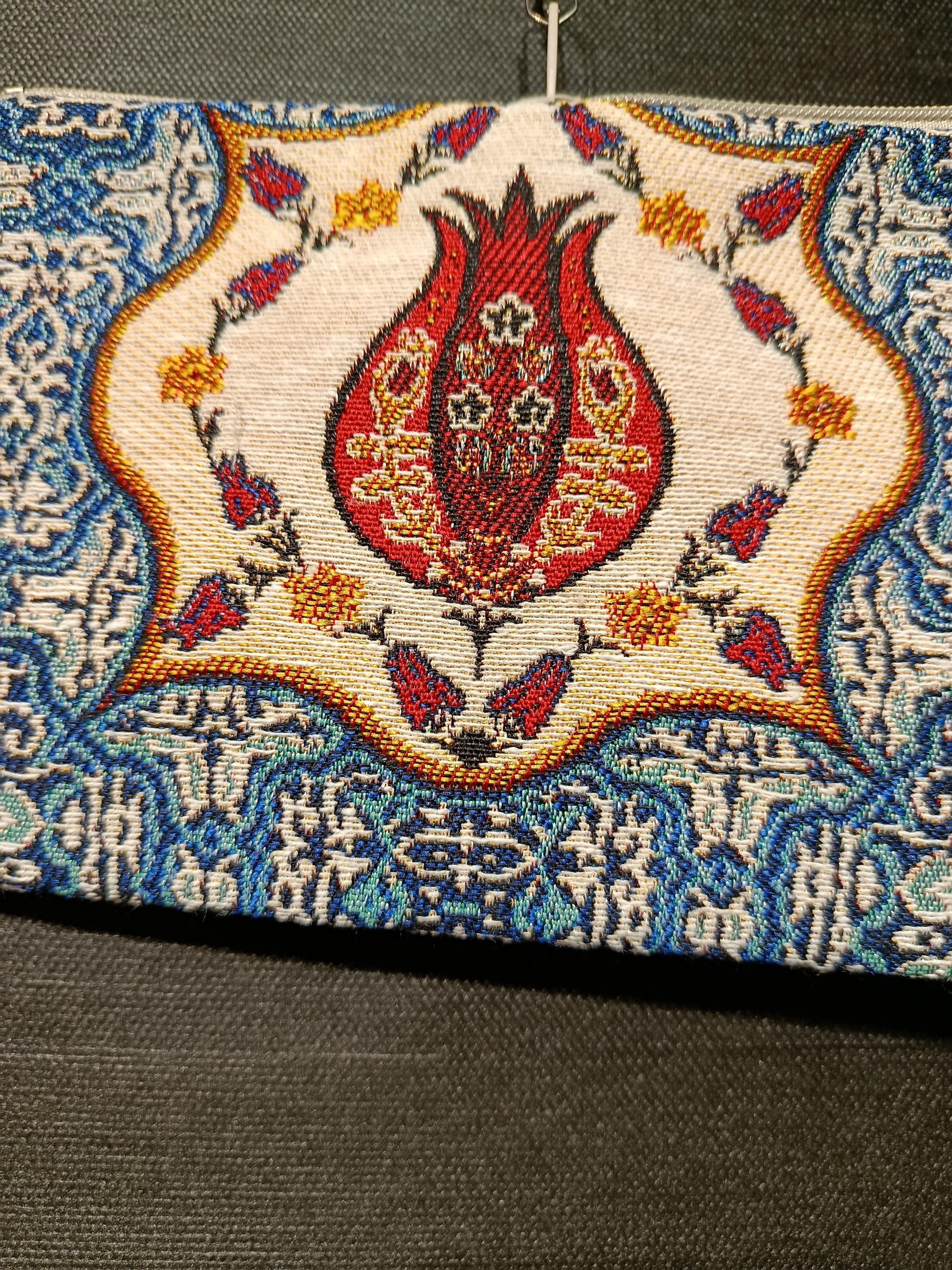 Turkish Gobelin Tapestry Clutch – Pomegranate Motif Zippered Purse with Wrist Strap