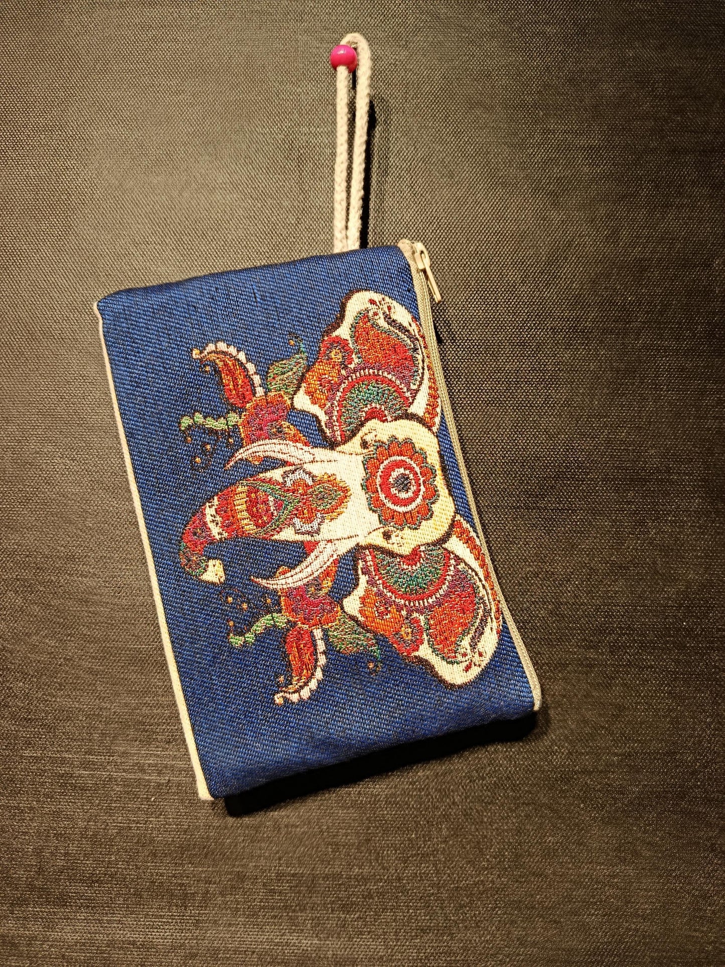 Handmade Gobelin Zipper Purse – Blue Elephant Design Tapestry Wristlet – Boho Ethnic Mini Clutch