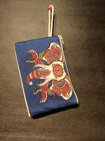 Handmade Gobelin Zipper Purse – Blue Elephant Design Tapestry Wristlet – Boho Ethnic Mini Clutch