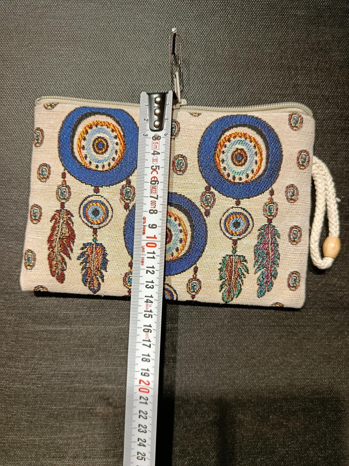 Evil Eye Feather Clutch – Turkish Tapestry Pouch, Boho Protection Symbol Purse, Zip Wristlet Bag