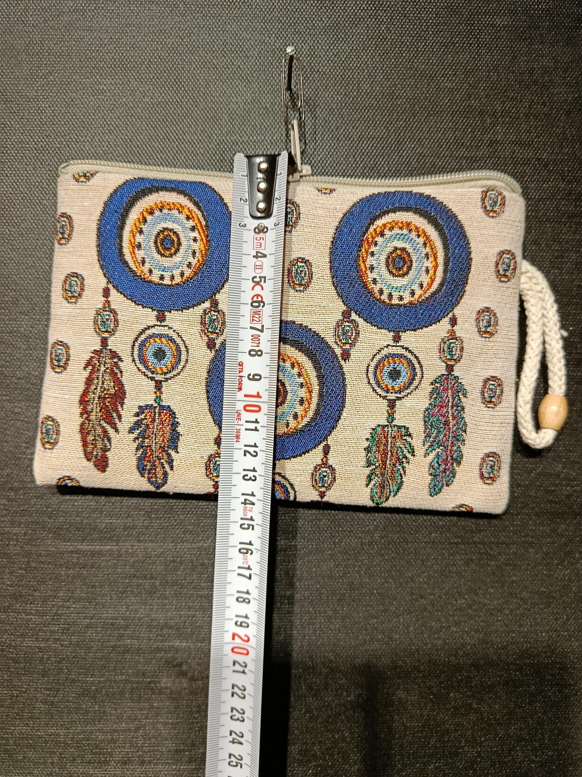 Evil Eye Feather Clutch – Turkish Tapestry Pouch, Boho Protection Symbol Purse, Zip Wristlet Bag