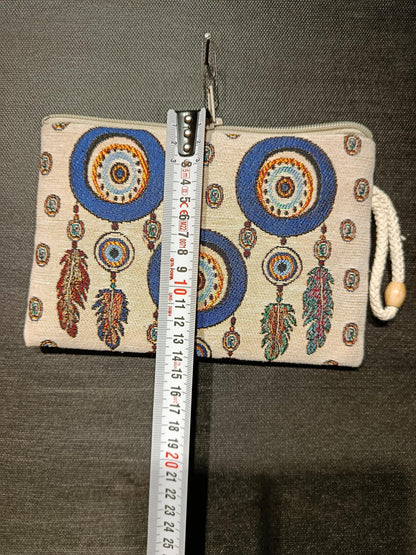 Evil Eye Feather Clutch – Turkish Tapestry Pouch, Boho Protection Symbol Purse, Zip Wristlet Bag