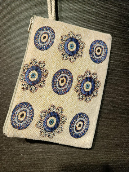Handmade Cotton Blend Purse: Evil Eye Design, Small Clutch (15cmx20cm)