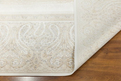 7x10 ft, Beige Classic Silk Rug with paisley desing on the border, fine fringes