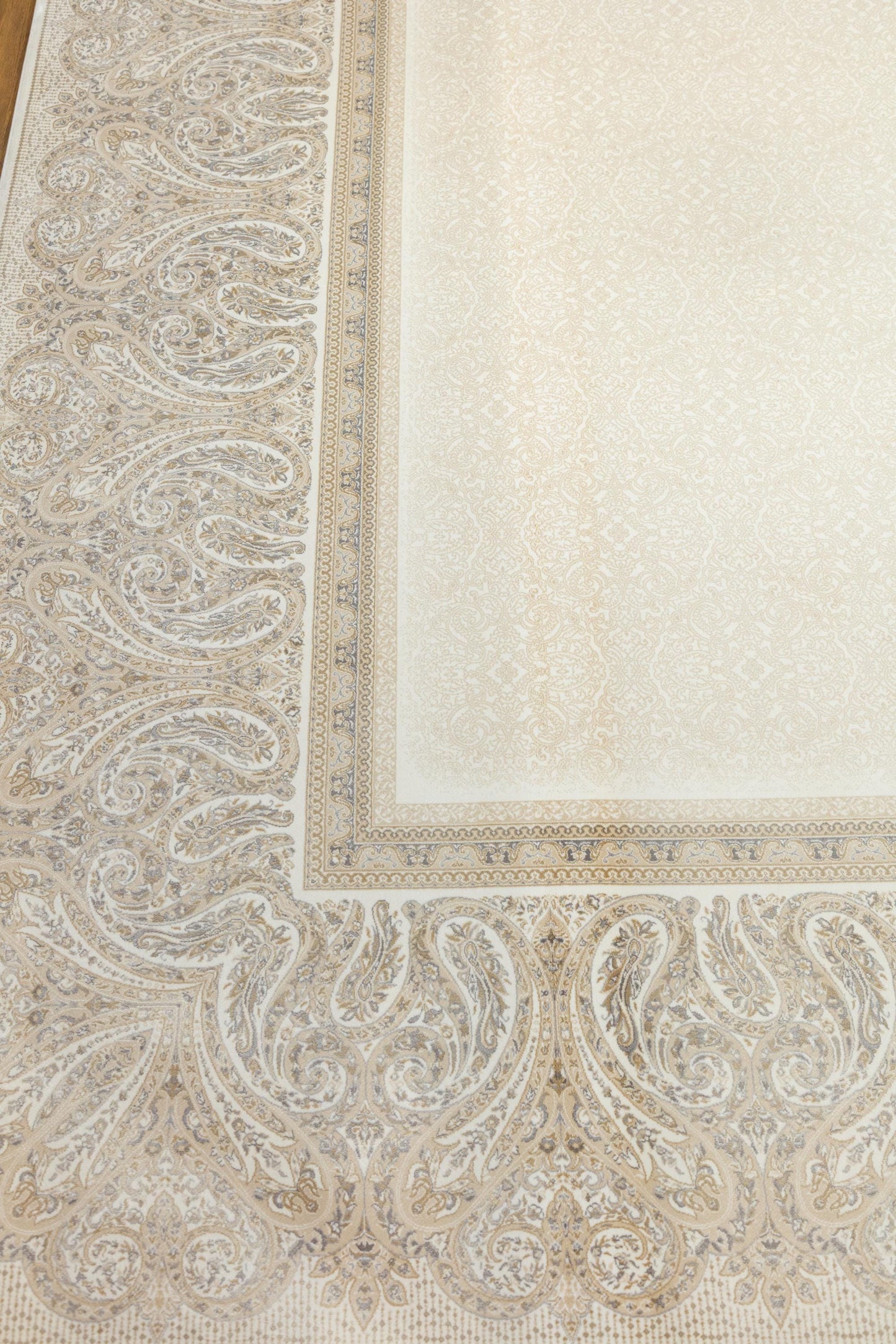 7x10 ft, Beige Classic Silk Rug with paisley desing on the border, fine fringes