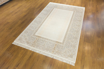 7x10 ft, Beige Classic Silk Rug with paisley desing on the border, fine fringes