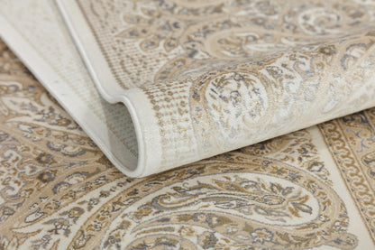 7x10 ft, Beige Classic Silk Rug with paisley desing on the border, fine fringes