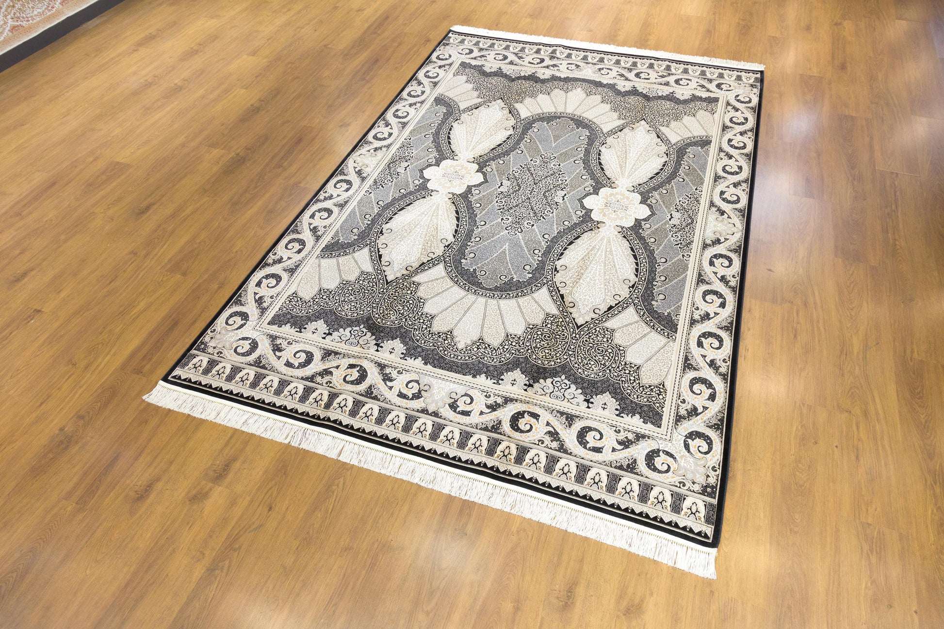7x10 ft Black Oriental Silk Rug, Distressed Persian Design, Silk Fringes