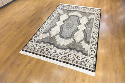 7x10 ft Black Oriental Silk Rug, Distressed Persian Design, Silk Fringes