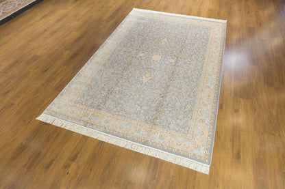 7x10 ft, Classic blue oriental Silk Rug: Bamboo Yarn, fine Fringes