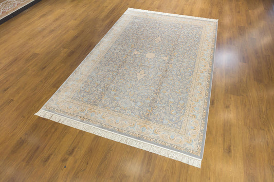7x10 ft, Classic blue oriental Silk Rug: Bamboo Yarn, fine Fringes