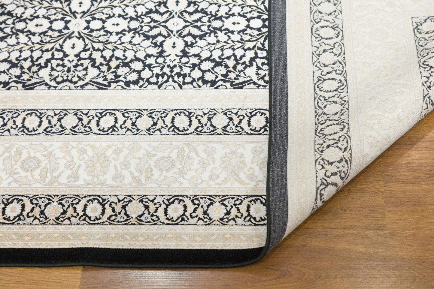 7x10 ft, Classic Black Silk Rug: Oriental black fine carpet with Fringes